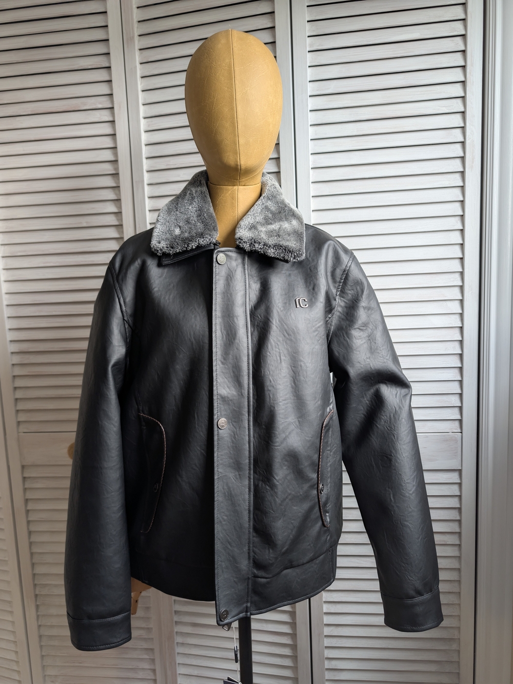 Mens Black Vegan Leather Jacket with Gray Collar